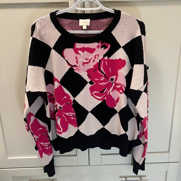 CYRUS Floral Knit Sweater Women's Size Large Pink Black White Pattern - Picture 1 of 8